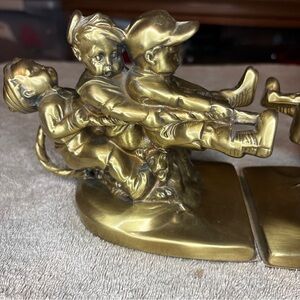 Vintage PM Craftsman USA TUG OF WAR BOOKENDS Brass Bookend Set
